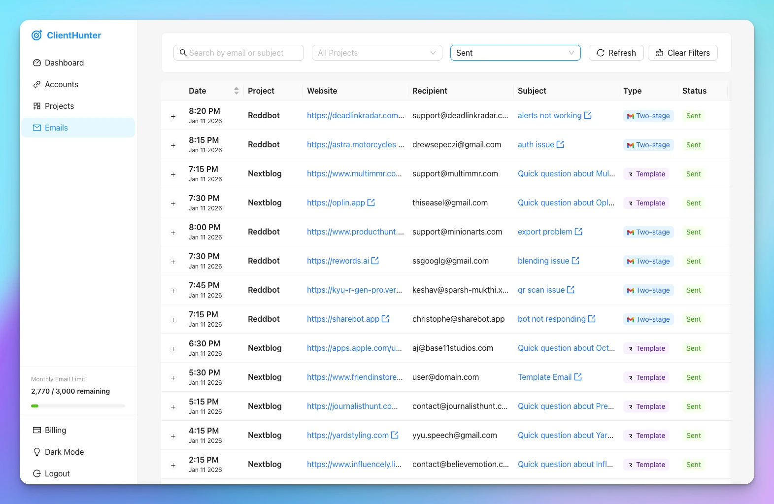 ClientHunter dashboard